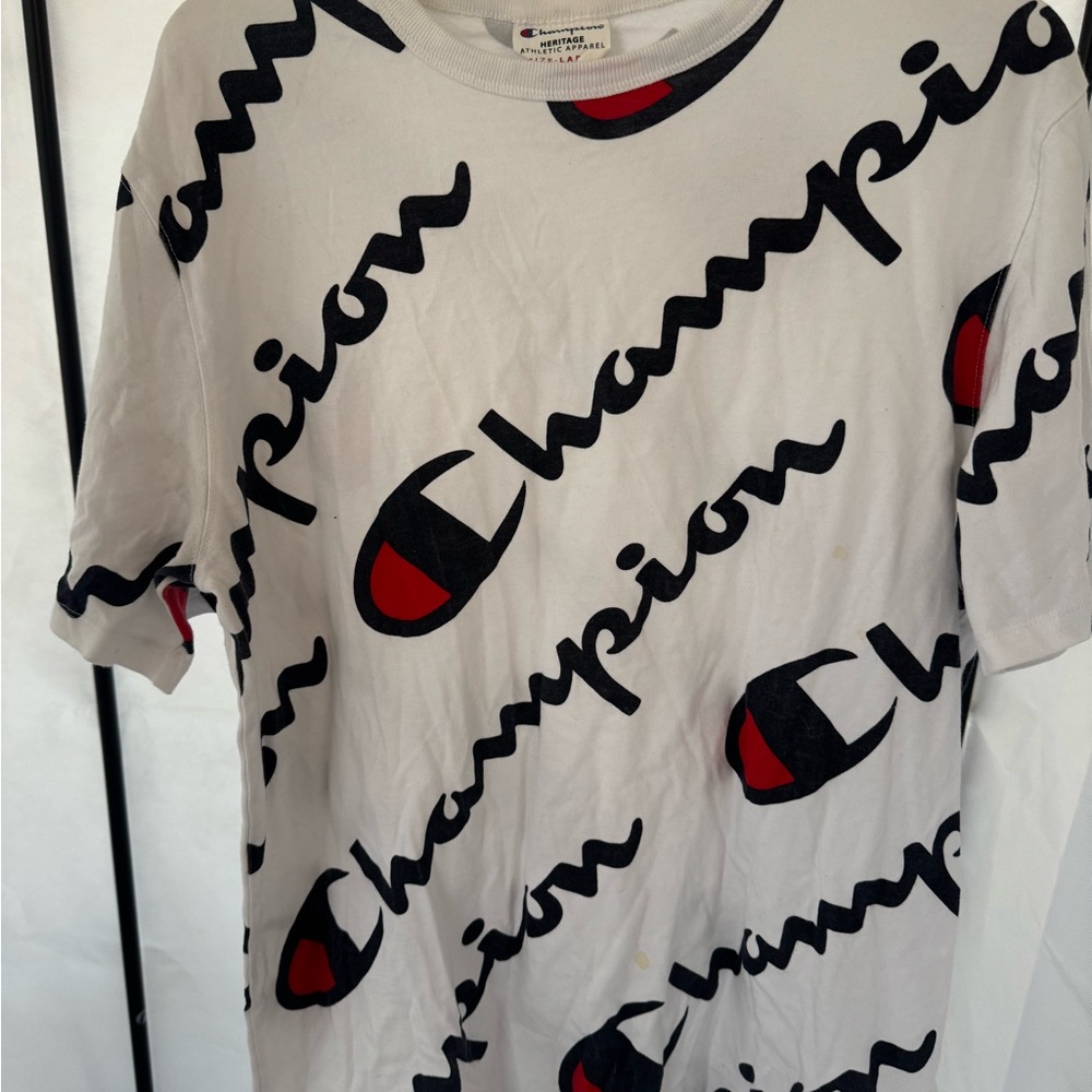 Champion White Tee with Black Script and Red Logo Accents